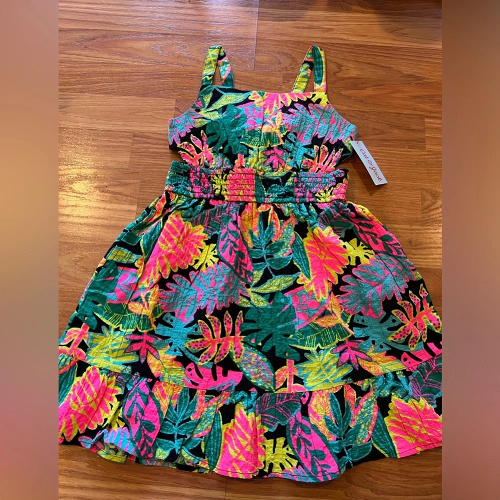 1. Girls Sundress - Tropical Foliage Print Dress - Black w Bright Colors
